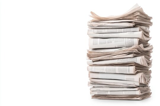 Stack of folded newspapers on white background