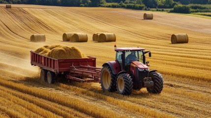 Obraz premium A tractor towing a grain cart through a large harvested field, with hay bales in the background