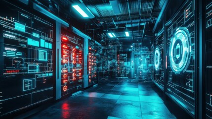 Fototapeta premium Futuristic Data Center with Glowing Visuals and Advanced Technology