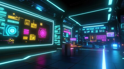 Fototapeta premium Futuristic Technology Control Room with Neon Lighting and Screens