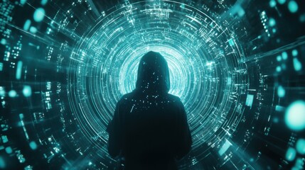 Mysterious Figure in Dark Hoodie Surrounded by Digital Data Patterns
