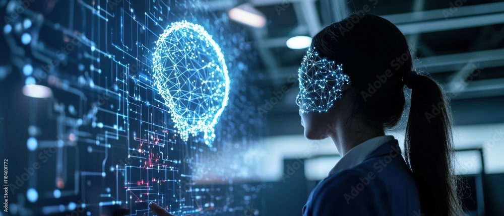 Poster tech startup team collaborates with ai neural network in modern workspace environment
