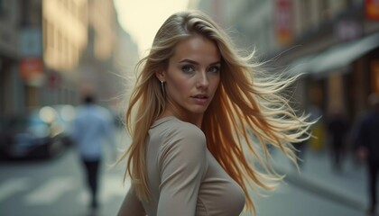 Fototapeta premium A blond young sexy woman with long hair strolls along a lively city street. Her confident demeanor blends well with the vibrant urban atmosphere, highlighting her fashionable look. Generative AI.