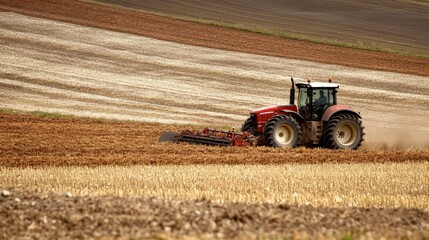 Obraz premium A tractor with a harrow attachment smoothing the surface of a field after plowing