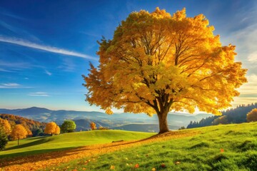 Acer Platanoides Tree in Autumn - Vibrant Yellow Leaves, Scenic Nature Background with Clear Blue Sky, Perfect for Nature Lovers, Gardening Inspiration, and Environmental Awareness