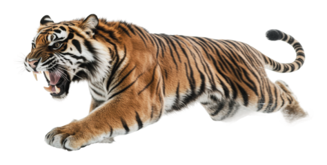 Tiger leaps forward with fierce expression, cut out - stock png.