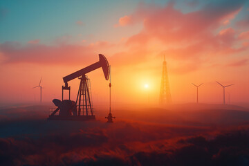 Oil well pump with oil derricks in the background against the sky. Oil and gas industry concept. 

