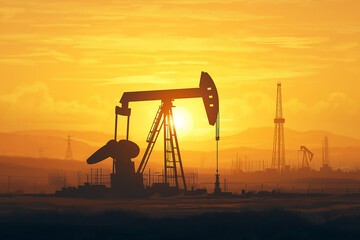 Oil well pump with oil derricks in the background against the sky. Oil and gas industry concept. 

