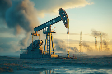 Oil well pump with oil derricks in the background against the sky. Oil and gas industry concept. 

