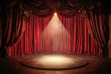 A theatrical stage with red curtains and a spotlight illuminating the center