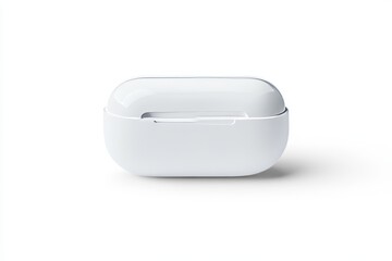 White wireless earbuds case on plain background