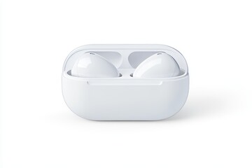White wireless earbuds in charging case on white background
