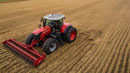Obraz premium A tractor with a large tiller attachment cultivating a freshly harvested field