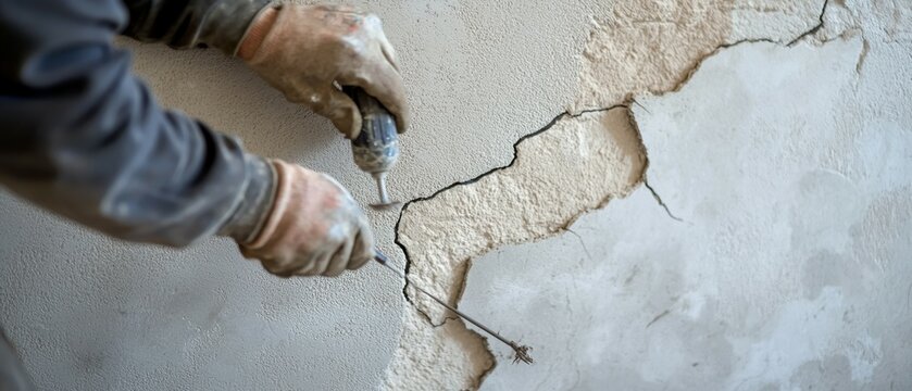 Contractor repairs cracked wall with advanced patch in residential home maintenance