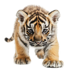 Obraz premium Playful tiger cub exploring its surroundings, cut out - stock png.