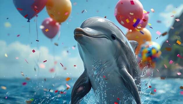 Happy Dolphin Leaping with Confetti