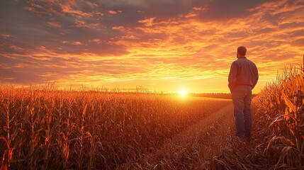 Fototapeta premium Man Watching Sunset Over Golden Cornfield