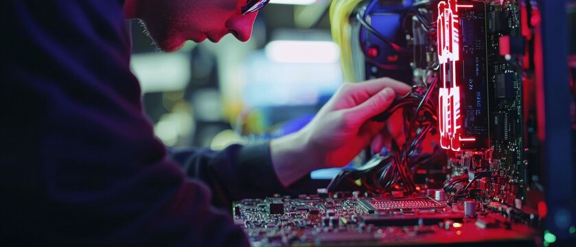 Technician upgrading inner components tech lab computer maintenance indoor close-up precision work