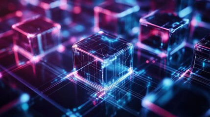 Fototapeta premium Glowing Transparent Cubes with Digital Circuit Patterns in 3D Space