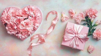 Heart-Shaped Floral Arrangement with Gift Box and Ribbon Decorations