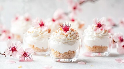 Delightful Mini Desserts with Cherry Blossoms and Cream Topping