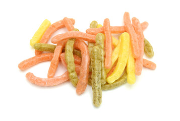 Naturally Baked Veggie Straws Made From Tomatoes, Spinach and Potatoes on white background