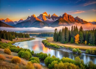 Obraz premium Breathtaking Morning Panorama of Buffalo Fork River Valley with Mist and Grand Teton Mountains: Architectural Photography of Nature's Beauty
