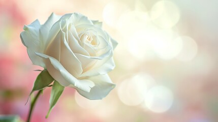 Elegant white rose in bloom against a dreamy, blurred pastel light backdrop.