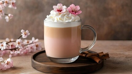 Delicious Latte with Whipped Cream and Floral Garnish on Table