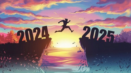 New year 2025, sunset, landscape, sky, clouds, silhouette, cliff, chasm, gap, leap, runner, 2024, 2025, transition, progress, growth, adventure, challenge, achievement, destiny, future, resolution, op
