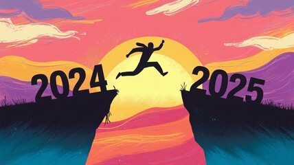 New year 2025, sunset, landscape, sky, clouds, silhouette, cliff, chasm, gap, leap, runner, 2024, 2025, transition, progress, growth, adventure, challenge, achievement, destiny, future, resolution, op
