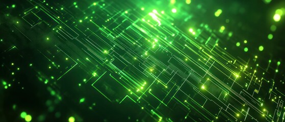 Obraz premium Abstract green digital background with glowing lines and particles.