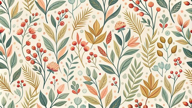 Charming Vector Floral Seamless Pattern for Farmhouse Decor: Branches, Berries, and Leaves for Textiles, Wallpaper, and Homeware Design