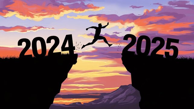 New year 2025, sunset, landscape, sky, clouds, silhouette, cliff, chasm, gap, leap, runner, 2024, 2025, transition, progress, growth, adventure, challenge, achievement, destiny, future, resolution, op