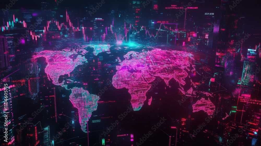 Poster futuristic digital world map with graphs and data visualizations