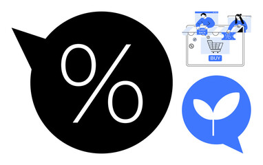 Percentage symbol indicating discount, people completing an online purchase, and a leaf icon for eco-friendly messages. Ideal for e-commerce, discounts, online shopping, consumer engagement