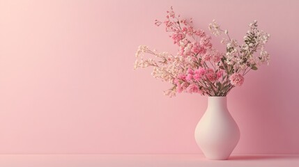 A delicate arrangement of pink flowers in a simple vase against a soft pink background.