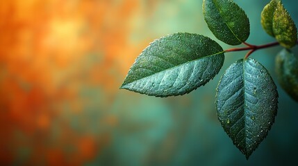 Close-up of green leaves with droplets, set against a blurred colorful background.