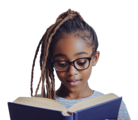 Young girl reading a book with interest indoors, cut out - stock png.