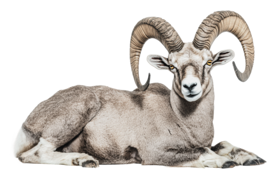 Majestic ram rests peacefully on a surface, cut out - stock png. - Powered by Adobe