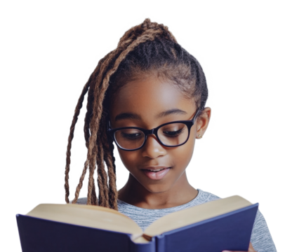 Young girl reading a book with interest indoors, cut out - stock png.