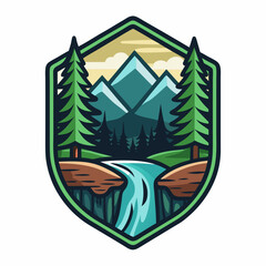 A badge logo with a forest stream flowing toward the viewer