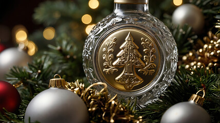 Crystal bottle with gold Christmas tree design, surrounded by ornaments and evergreen branches.