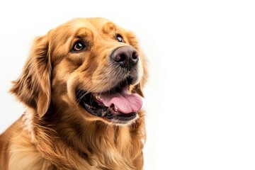 A close-up of a happy golden retriever with a friendly expression.