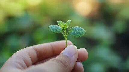 A hand holding a small green plant seedling against a blurred natural background.