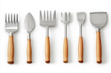Fototapeta premium Gardening Tools Set Wooden Handle Weeding Fork Trowel Cultivator Rake Garden Fork White Background