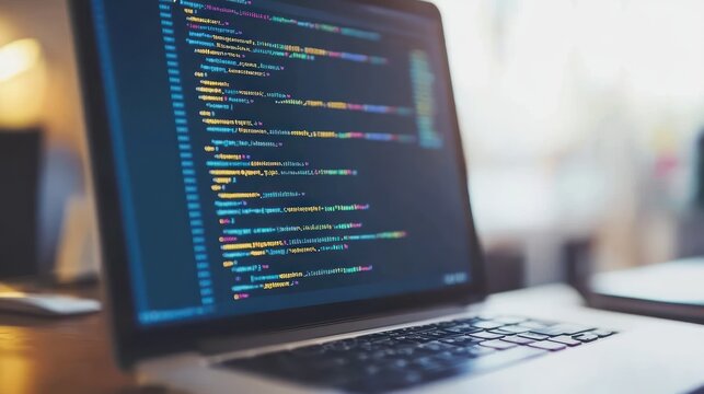 A laptop displaying colorful code on a screen, indicating programming or software development.