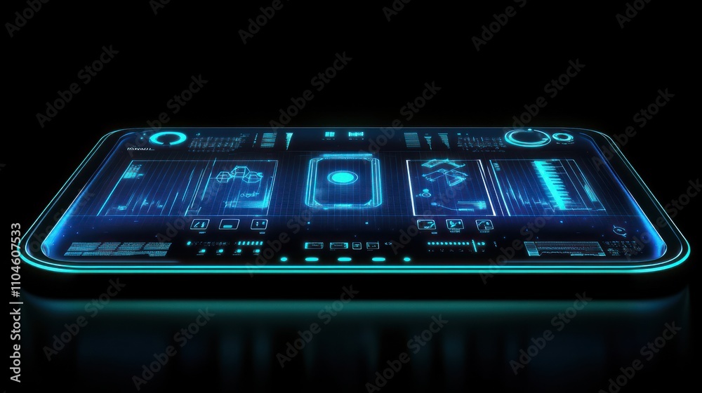 Poster a futuristic digital interface displaying data and controls in a sleek design.