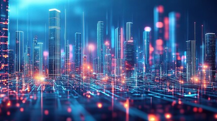 Fototapeta premium Futuristic Cityscape with Neon Lights and Digital Connections