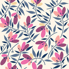 Pattern of colorful flower with green leaves on a soft pink background, wallpaper decoration
